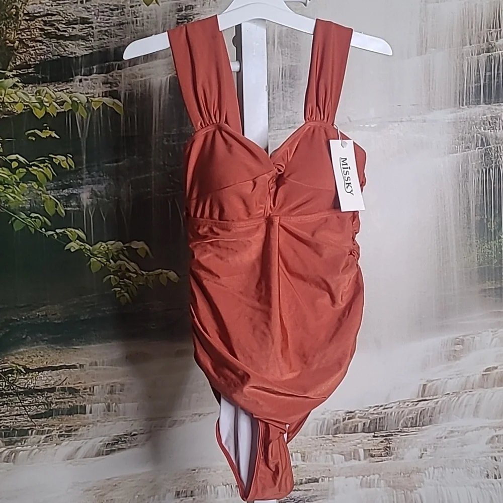NWT! Missky Womens Small copper rust wide straps ruched one piece Swim Suit